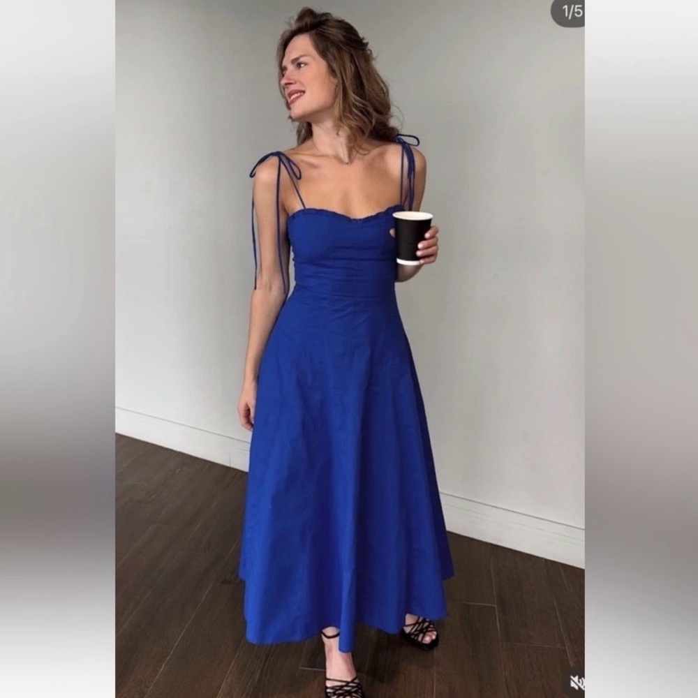 ZARA COTTON POPLIN TIE MIDI DRESS | CORNFLOWER BLUE | L NWT - Picture 5 of 16